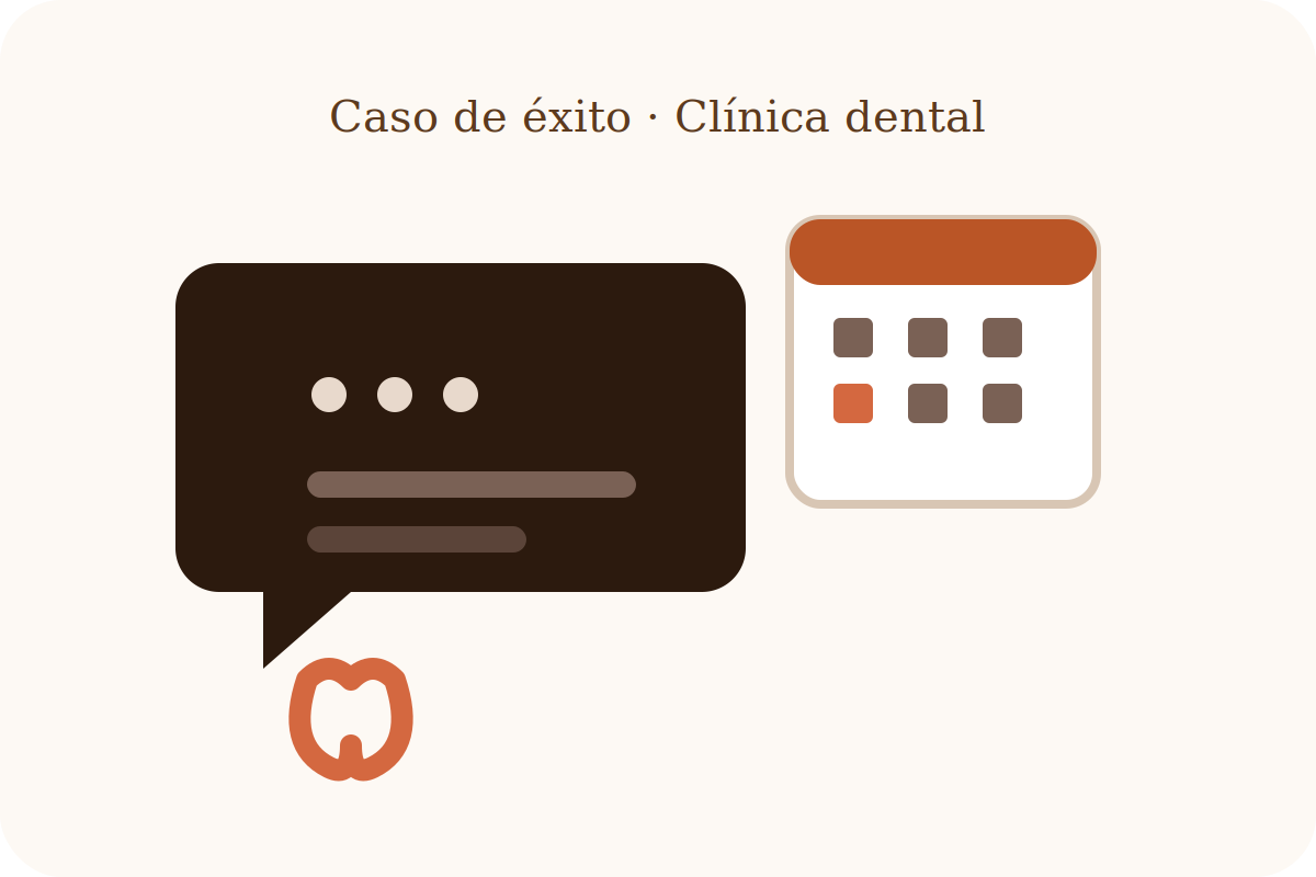 Ilustración de un chat de WhatsApp Business junto a un calendario de turnos y una cruz dental.