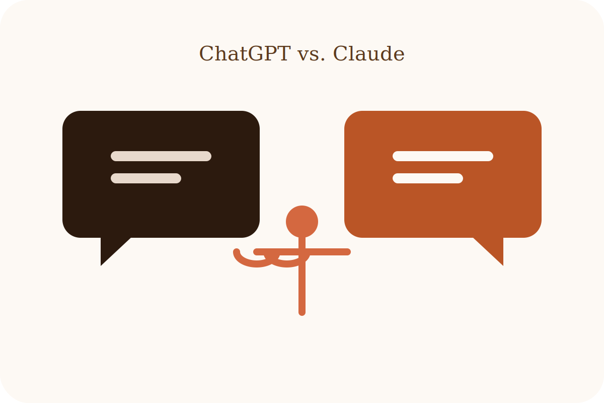 Ilustración de dos burbujas de chat enfrentadas representando la comparación entre ChatGPT y Claude.