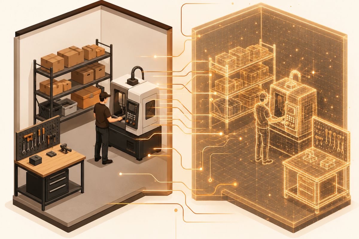 Ilustración de un taller pyme real a la izquierda, conectado por líneas de datos a su réplica virtual en forma de holograma a la derecha, representando un gemelo digital.