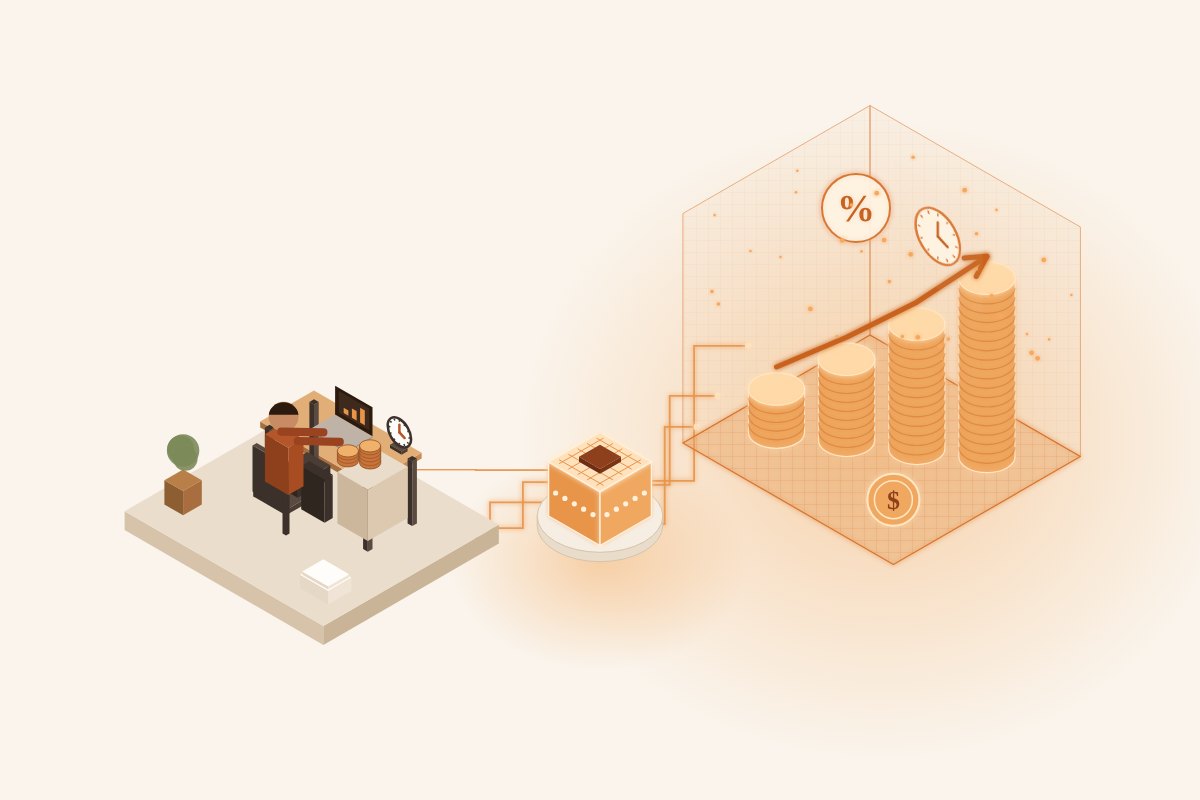 Ilustración isométrica del ROI de la IA: una pyme invierte tiempo y dinero, un procesador de IA lo transforma y columnas de monedas crecen con una flecha ascendente, un reloj y el símbolo de porcentaje.